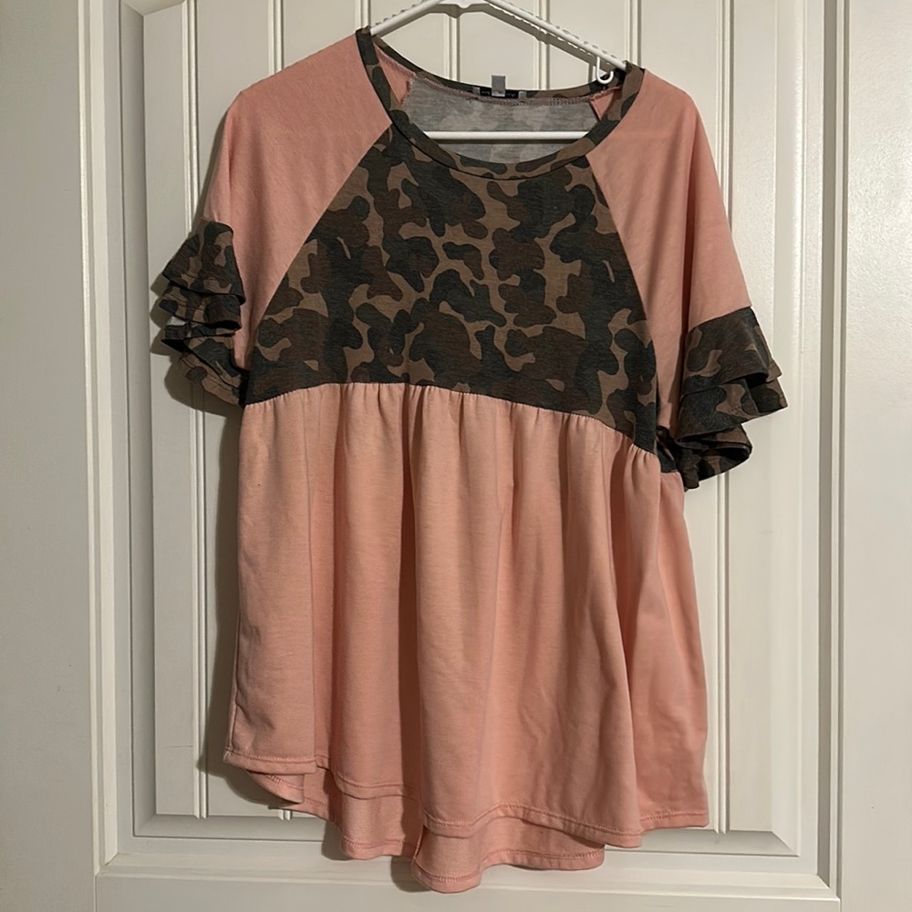 Pink and camo ruffled peplum shirt